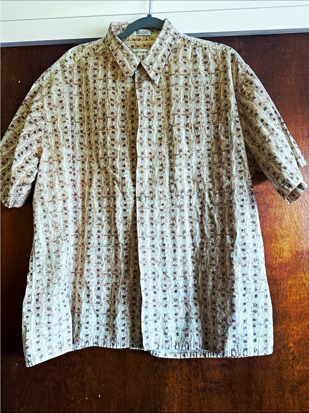 Pierre Cardin Cream and Brown Short Sleeve Button-Up Shirt